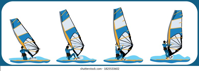 Vector illustration about Windsurfing. Element Beach start. Execution Steps