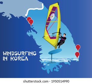 Vector illustration about windsurfing. Map of Korea with marked surf spots . Windsurfer, inscription  Windsurfing in Korea. 