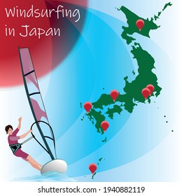 Vektorgrafik über Windsurfen. Surfspots sind auf der Landkarte von Japan markiert. Windsurfer, Inschrift Windsurfen in Japan