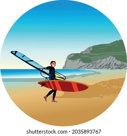 Vector illustration about windsurfing. Windsurfer carries the Windsurfing Gear - board and sail. Sea, coast and mountains on the background