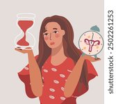 Vector illustration about women's health. Sad girl. World Menopause Day. Gynecology. Hourglass, menstruation, broken cycle, uterus clock.