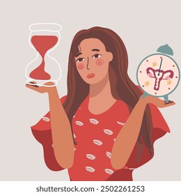 Vector illustration about women's health. Sad girl. World Menopause Day. Gynecology. Hourglass, menstruation, broken cycle, uterus clock.