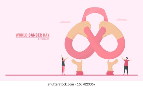 Vector illustration about World Cancer Day. People have to be raising awareness and education about this disease. The sign of this day is pink ribbon.