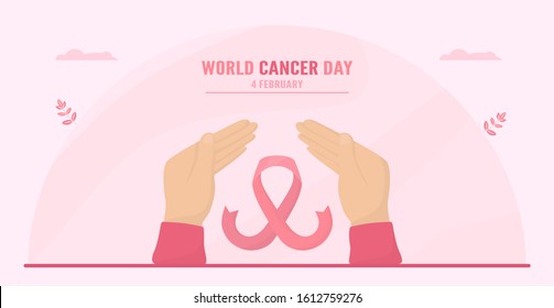 Vector illustration about World Cancer Day. People have to be raising awareness and education about this disease. The sign of this day is pink ribbon.