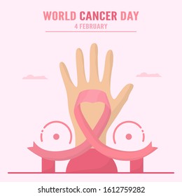 Vector illustration about World Cancer Day. People have to be raising awareness and education about this disease. The sign of this day is pink ribbon.