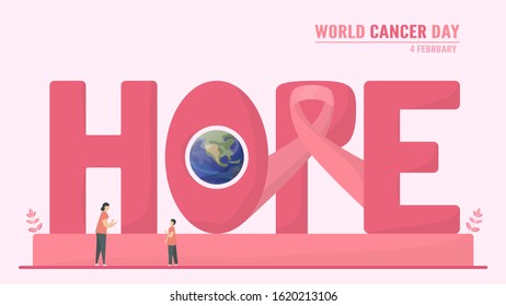 Vector illustration about World Cancer Day. People have to be raising awareness and education about this disease. The calligraphy word means hope.