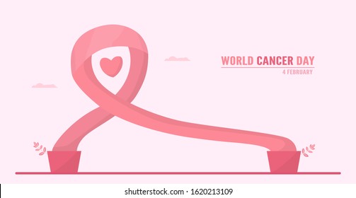 Vector illustration about World Cancer Day. People have to be raising awareness and education about this disease. The sign of this day is pink ribbon.