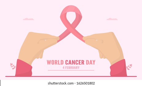 Vector illustration about World Cancer Day. People have to be raising awareness and education about this disease. The sign of day is pink ribbon.