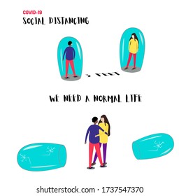 Vector illustration about world pandemic during covid-19. 
Man and woman are tired of social distance and quarantine. They took off their masks and hugging. 