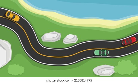 Vector o ilustración de la vista anterior de la carretera asfaltada con línea blanca y amarilla. Camino curvado junto a la playa con piedra y hierba verde. con los coches conduciendo por la carretera asfaltada.