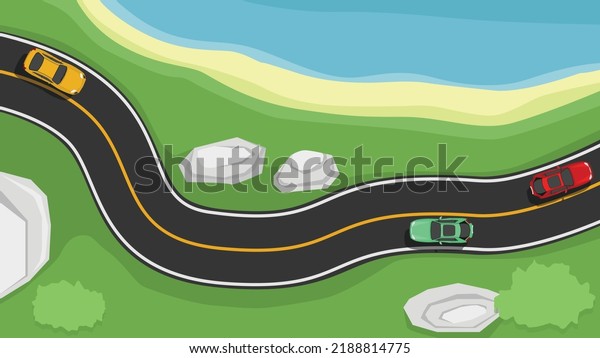 Vector or illustration of above view of asphalt\
road with white and yellow line. Curving road path next to the\
beach with stone and green grass. with cars driving for travel on\
the asphalt road.
