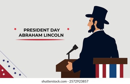 Vector illustration of Abraham Lincoln from behind, delivering a speech in a lower third layout. Clean, minimalistic design without text, ideal for President's Day, patriotic themes.