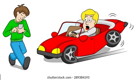 vector illustration of a absentminded smartphone user who causes car accident