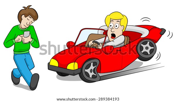 vector illustration of a absentminded smartphone\
user who causes car\
accident