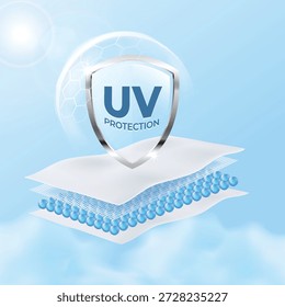 Vector illustration of an absorbent structure with a UV Protection shield and sun flare. Symbolizes sun-blocking swim diapers, UV-sterilized hygiene products, and outdoor fabric safety.