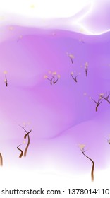Vector illustration of an abstract alien forest on a fluid colorful background. Liquid color backdrop consisting of multicolored fluid curves smoothly flowing into each other. Beautiful wavy wallpaper