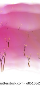Vector illustration of an abstract alien forest on a fluid colorful background. Fantasy landscape