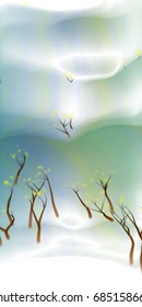 Vector illustration of an abstract alien forest on a fluid colorful background. Fantasy landscape