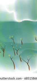 Vector illustration of an abstract alien forest on a fluid colorful background. Fantasy landscape