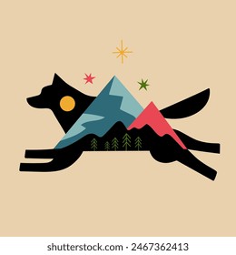Vector illustration with abstract animal, running wolf with mountains, pine trees, moon and stars. Trendy colored apparel print design, home decoration poster.