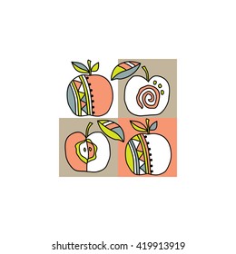 Vector illustration with abstract apples in the squares with folk elements.