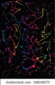 Vector illustration of abstract artistic graphic paint splat. Connect lines, universe, black & spectrum, pattern.