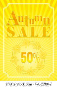 Vector illustration of abstract autumn background in modern elegant style. Sunny rays,  falling leaves wreath pattern, text lettering. Vintage fall frame for seasonal shopping sale