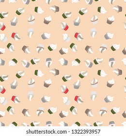 Vector illustration. Abstract backdrop for girls, wrapping paper. Food elements colorful repeated wallpaper on gray, beige and white. Seamless cakes pattern.