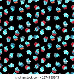 Vector illustration. Abstract backdrop for girls, wrapping paper. Seamless cakes pattern. Food elements colorful repeated wallpaper on white, black and blue.