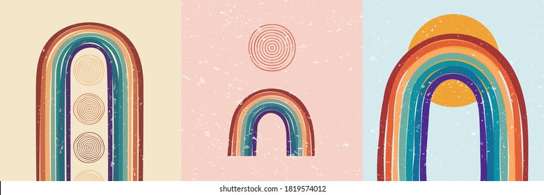 Vector illustration. Abstract backdrop set. Contemporary backgrounds. Colorful rainbow. Design elements for social media, blog post, web template. 60s, 70s retro graphic. Cartoon hand drawn graphic