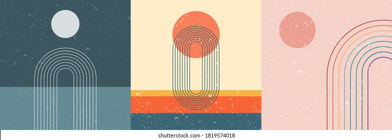 Vector illustration. Abstract backdrop set. Contemporary backgrounds. Mid century wall decor. Design elements for social media, blog post, web template, card. 60s, 70s graphic. Grunge texture
