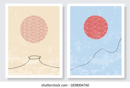 Vector illustration. Abstract backdrop set. Contemporary backgrounds. Mid century wall decor. Design elements for social media, blog post, web template, card. 60s, 50s graphic. Grunge texture