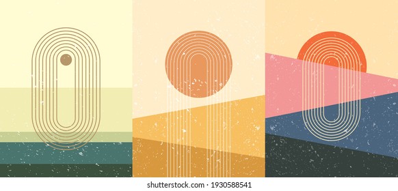 Vector illustration. Abstract backdrop set. Contemporary backgrounds. Mid century wall decor. Design elements for social media, blog post, web template, card. 60s, 70s graphic. Grunge texture