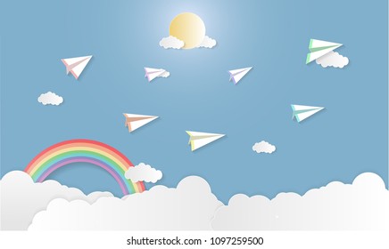 Vector illustration abstract background with Airplane Sun Clouds and Rainbow.Paper art concept.