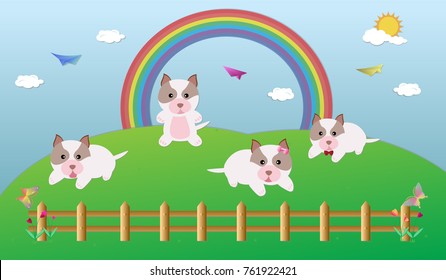 Vector illustration abstract background with american pitbull puppy and rainbow.Paper art concept.