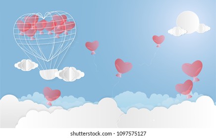 Vector illustration abstract background with Balloon Sun and Clouds.Paper art concept.