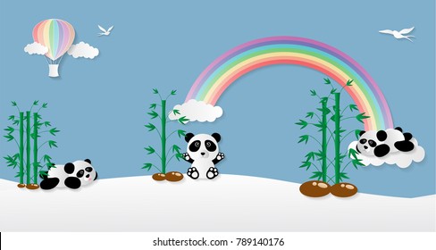 Vector illustration abstract background with Balloon Panda Rainbow Bird and Bamboo.Paper art concept.
