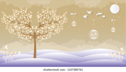 Vector illustration abstract background with Birds Flower Sun Butterfly and Tree.Paper art concept.