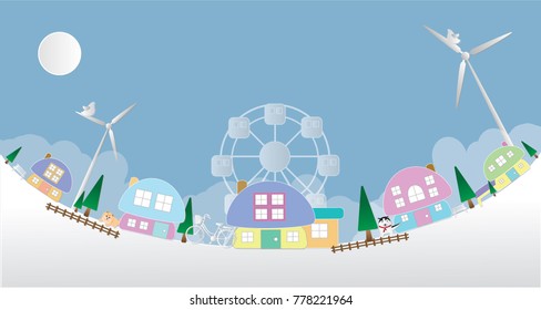 Vector illustration abstract background with Birds House Tree Dog Ferris wheel Bicycle and Wind turbine.Paper art concept.