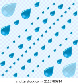 Vector illustration. Abstract background. Blue rain. Raindrops of different sizes flying at an angle of 45 degrees.