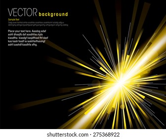 Vector illustration of abstract background with blurred magic neon golden light rays.