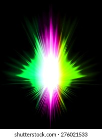 Vector illustration of abstract background with blurred magic neon green purple light rays. dark black background.