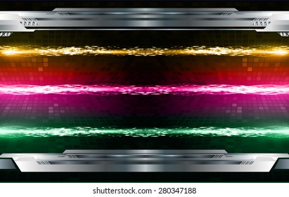 Vector illustration of abstract background with blurred magic neon orange pink green light rays.  Technology background for computer graphic website internet and business. circuit. silver