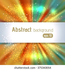 Vector illustration of abstract background with blurred magic light rays, vector illustration. Yellow, orange, green colors. 