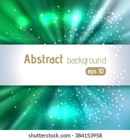 Vector illustration of abstract background with blurred magic light rays, vector illustration. Green, blue colors. 