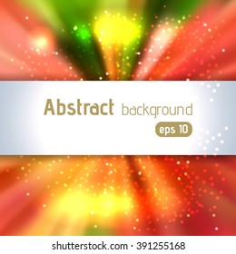 Vector illustration of abstract background with blurred magic light rays, vector illustration. Green, red, orange, yellow colors. 
