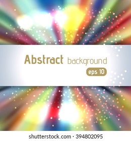 Vector illustration of abstract background with blurred magic light rays, vector illustration. Yellow, red, blue, green, white colors. 