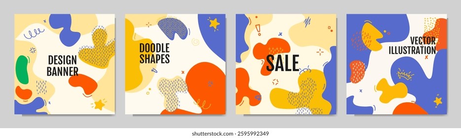 Vector illustration. Abstract background with bold shapes. Modern contemporary style. Dynamic composition of drawn fluid twisted elements, memphis pattern. Design for social media template, web banner