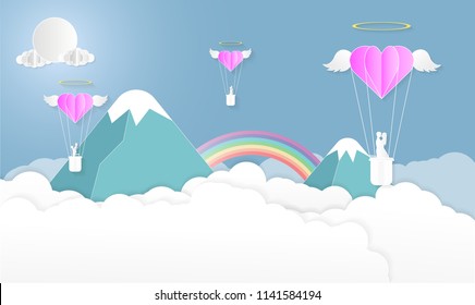 Vector illustration abstract background with Boy Girl Sun Balloon Clouds and Rainbow.Paper art concept.