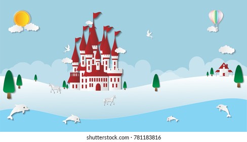 Vector illustration abstract background with Castle Birds Sun Tree Balloon House Horse and Dolphin.Paper art concept.